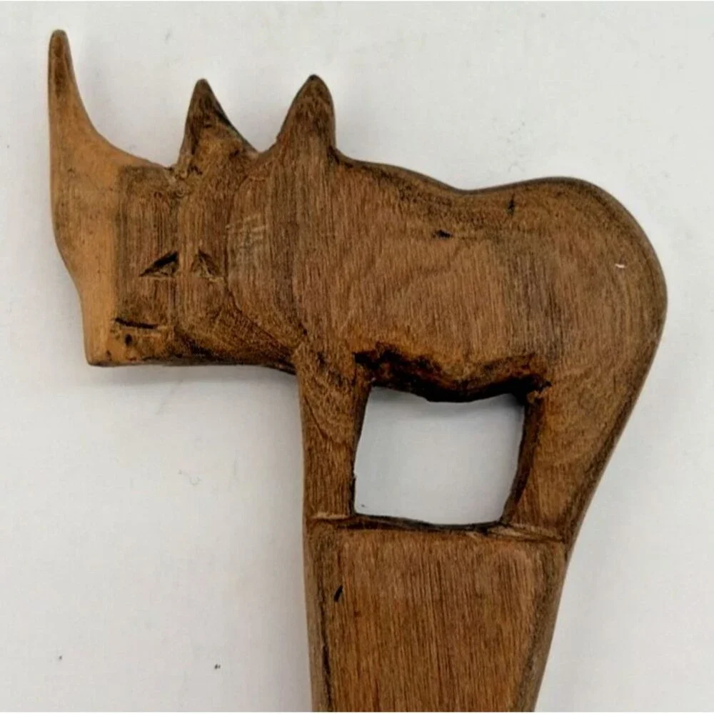 Vintage Hand Carved African Wood Rhinoceros Salad Server Set Black & White Rhino